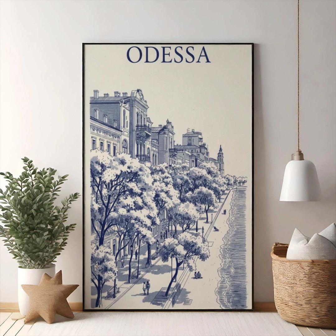 Wadi Home Odessa blue and white sketch art print featuring a scenic waterfront promenade with architectural buildings and trees.