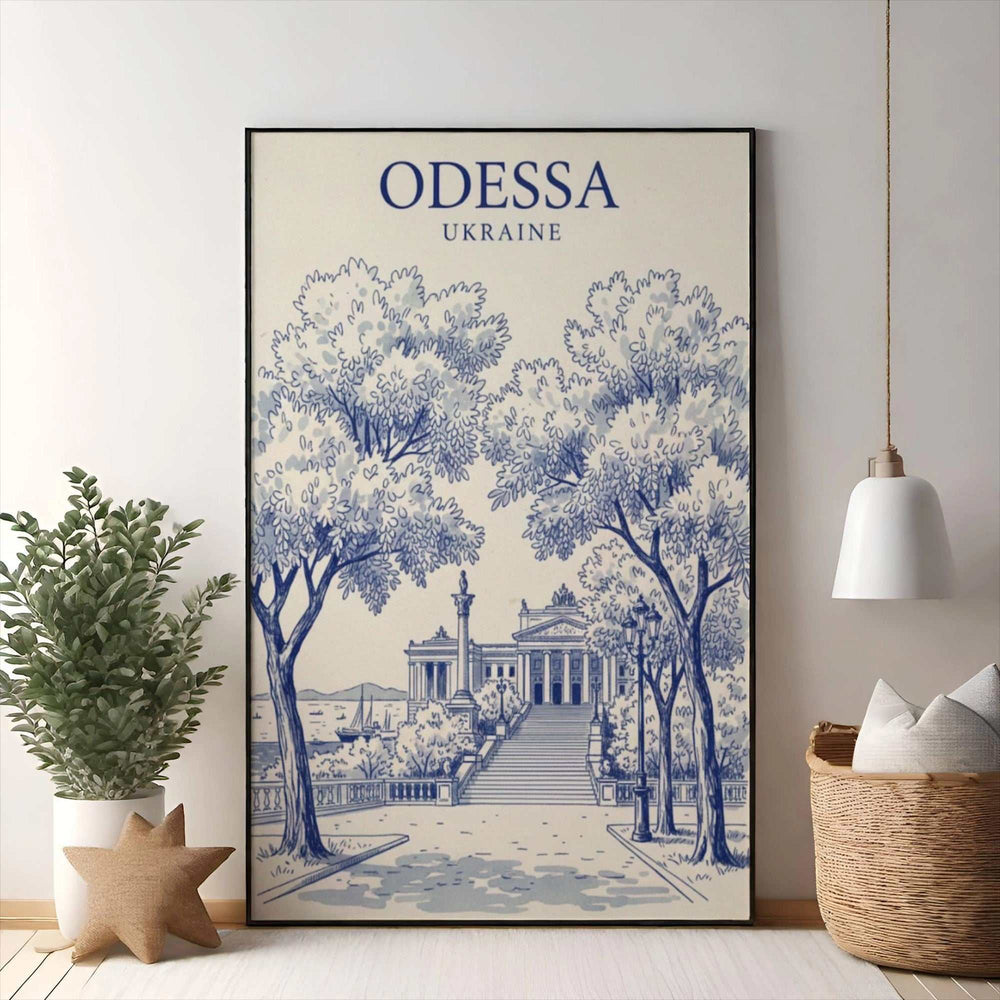 Wadi Home blue and white toile-style artwork of Odessa, Ukraine landscape with iconic architecture and trees.