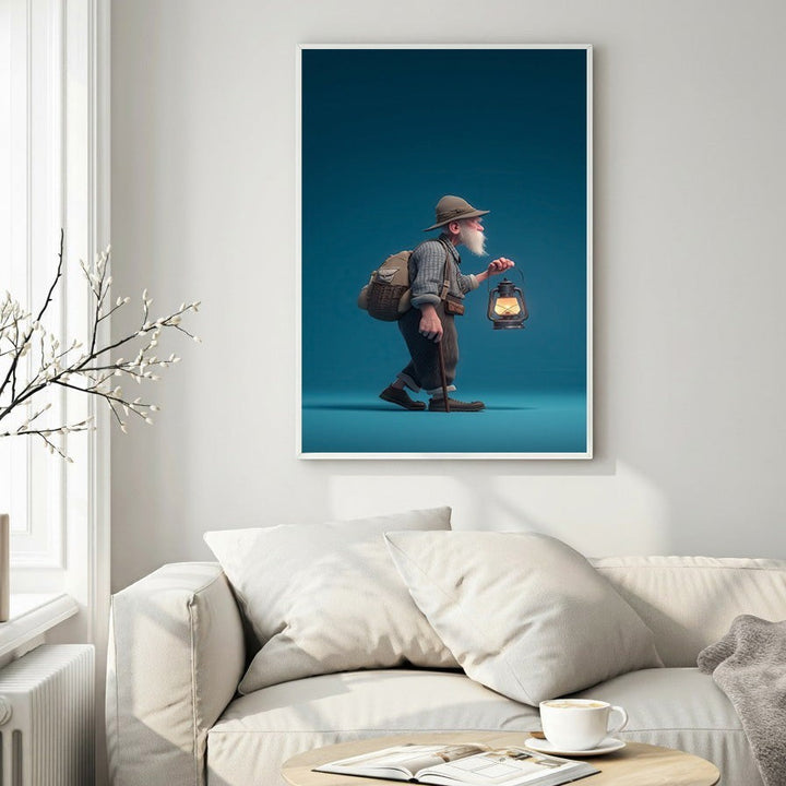 Wadi Home adventurous old man with lantern wall art, carrying a backpack and a glowing lantern.