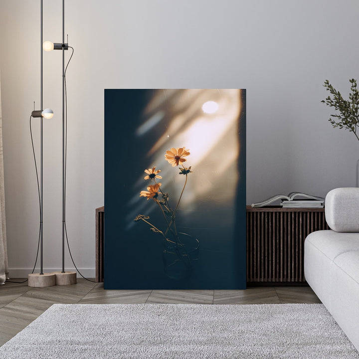 Wadi Home framed print of delicate orange flowers in a vase, bathed in soft sunlight with dramatic shadows.