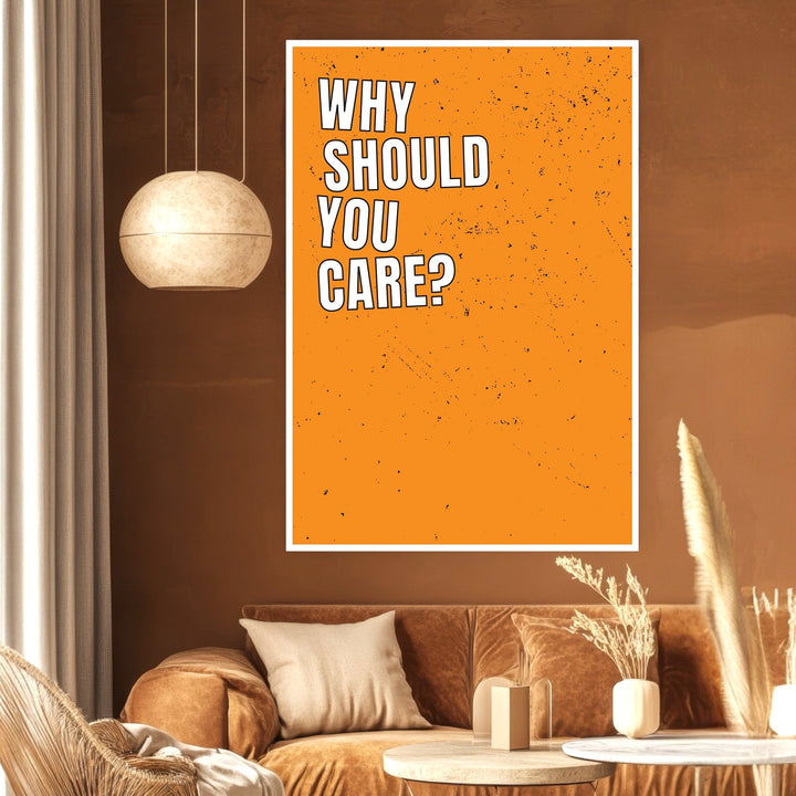 Wadi Home typography wall art poster with white text on a distressed orange background in a modern living room.