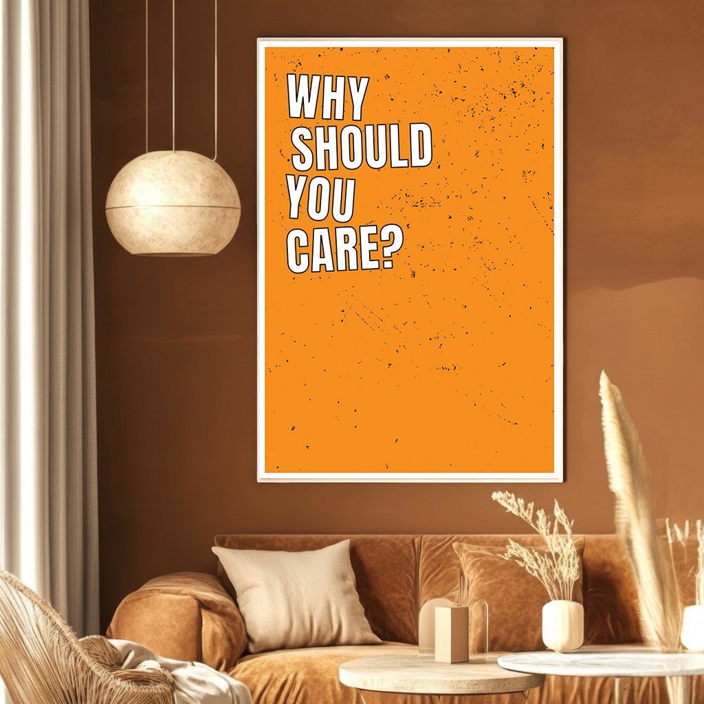 Wadi Home typography wall art poster with white text on a distressed orange background in a modern living room.