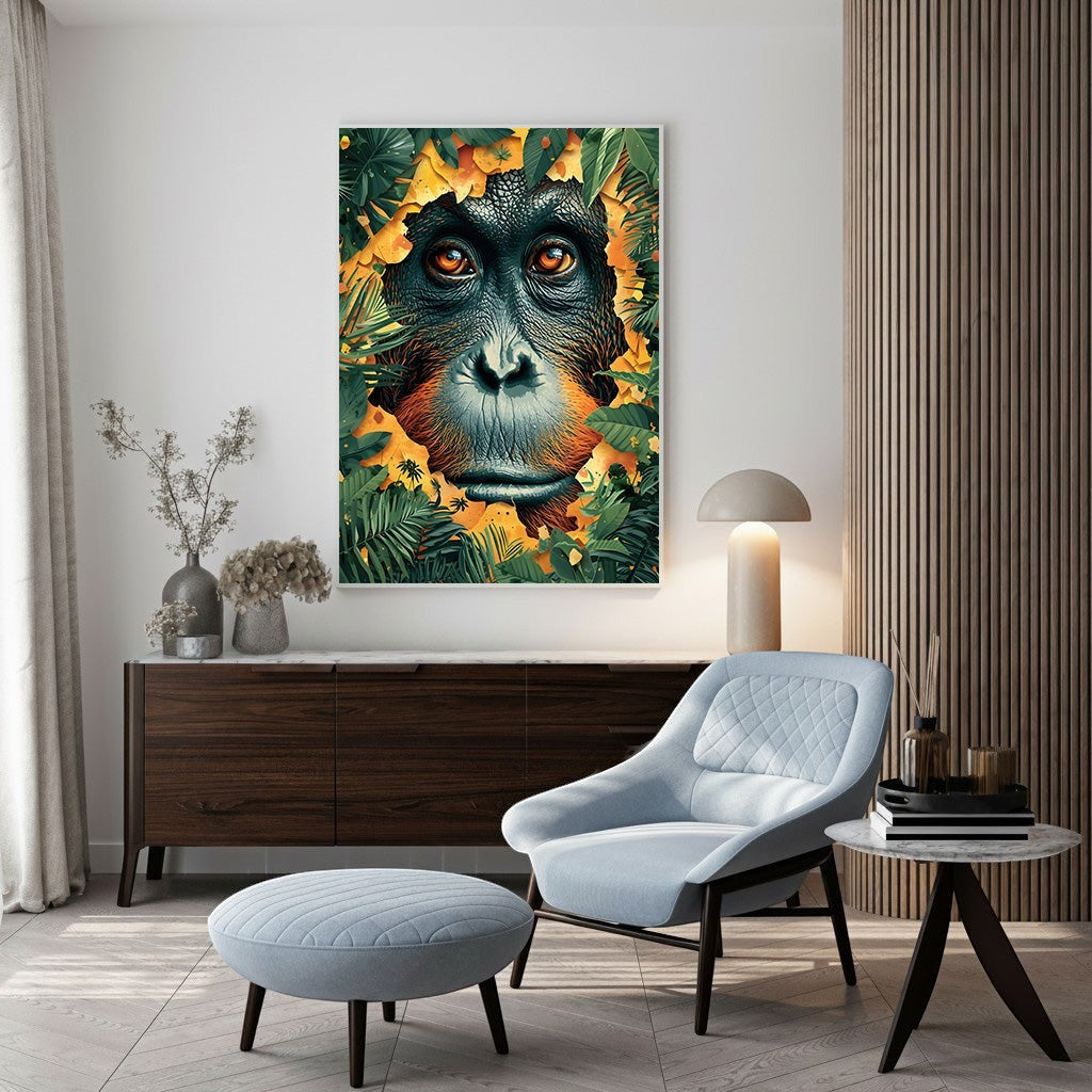 Wadi Home orangutan peeking through jungle leaves wall art. Features an orangutan face with intense orange eyes surrounded by lush green leaves and a warm yellow background.