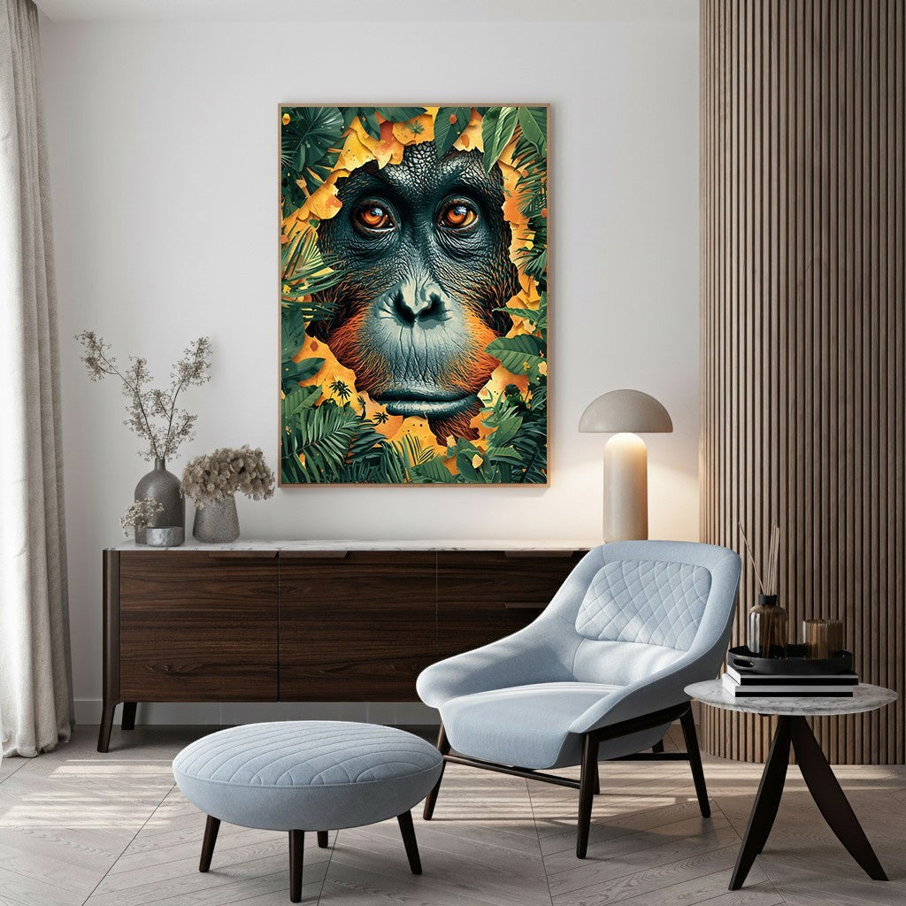 Wadi Home orangutan portrait art framed by lush green jungle leaves, featuring intense orange eyes and warm background.