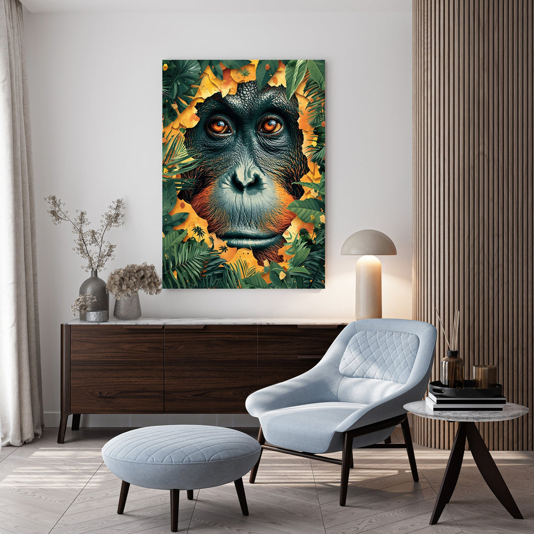Wadi Home orangutan peeking through jungle leaves wall art. Features a close-up of an orangutan's face with intense orange eyes surrounded by lush green leaves.