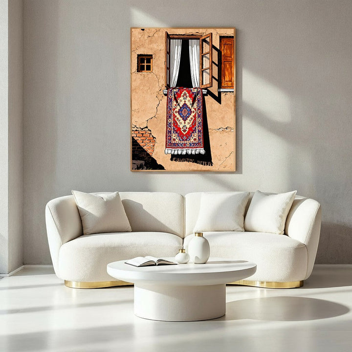 Wadi Home traditional oriental rug wall art with red, blue, and white intricate patterns hanging from an open window.