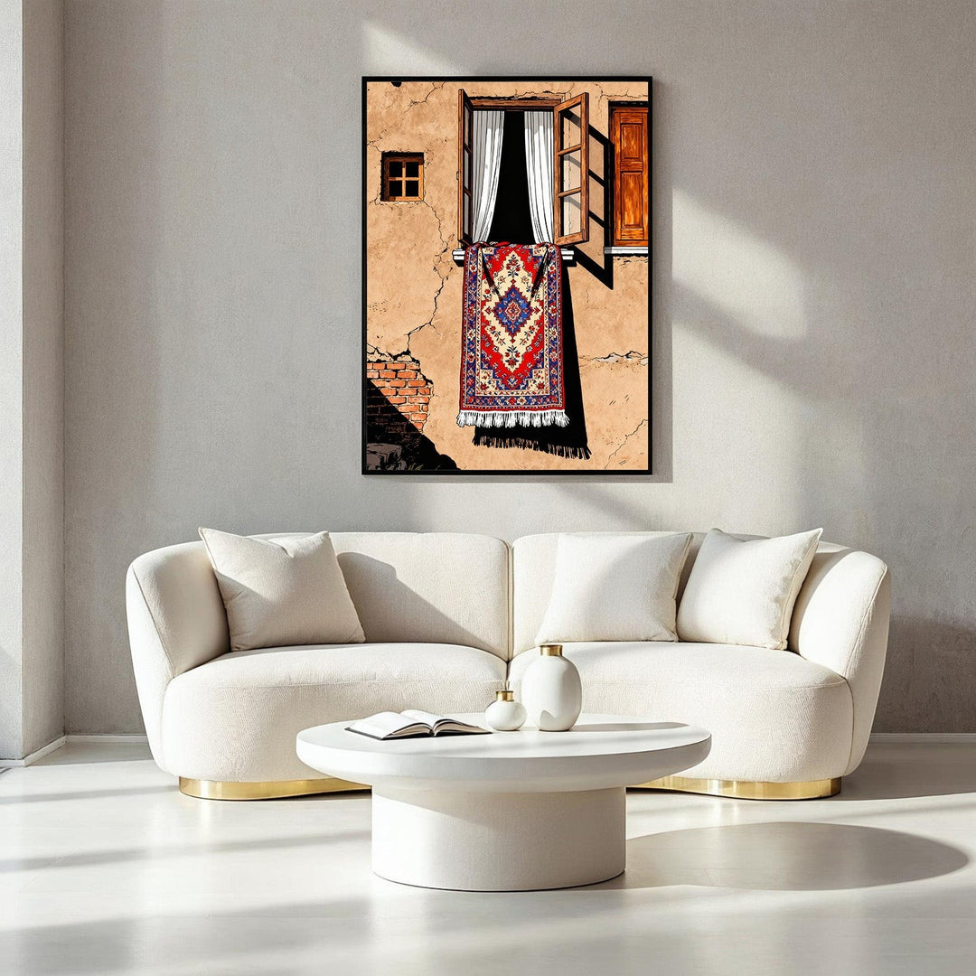 Wadi Home traditional oriental rug wall art with red, blue, and white intricate patterns hanging from an open window.