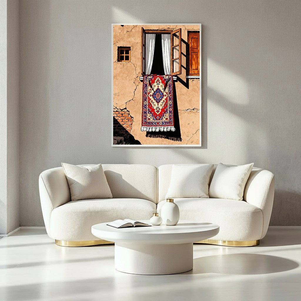 Wadi Home traditional oriental rug wall art with red, blue, and white intricate patterns hanging from an open window.
