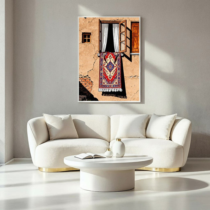 Wadi Home traditional oriental rug wall art with red, blue, and white intricate patterns hanging from an open window.