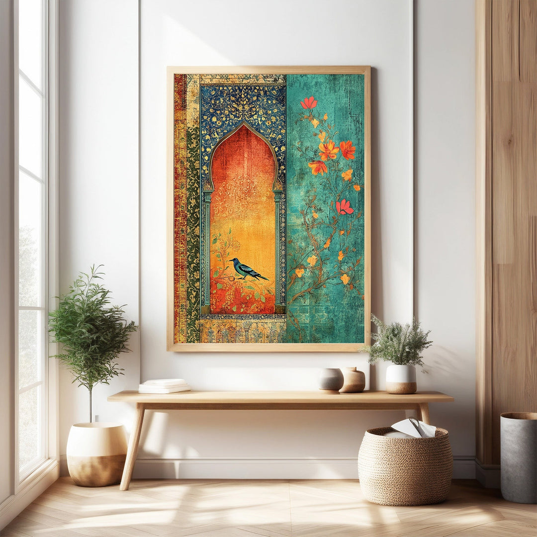 Wadi Home Ornate Archway wall art with bird and floral accents in warm oranges and deep teals.