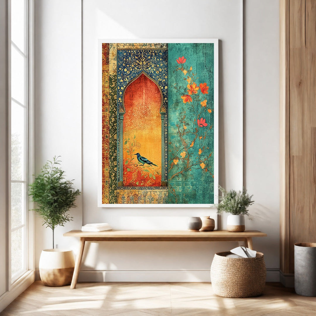 Wadi Home Ornate Archway wall art with a blue bird and floral accents in warm oranges and teal.