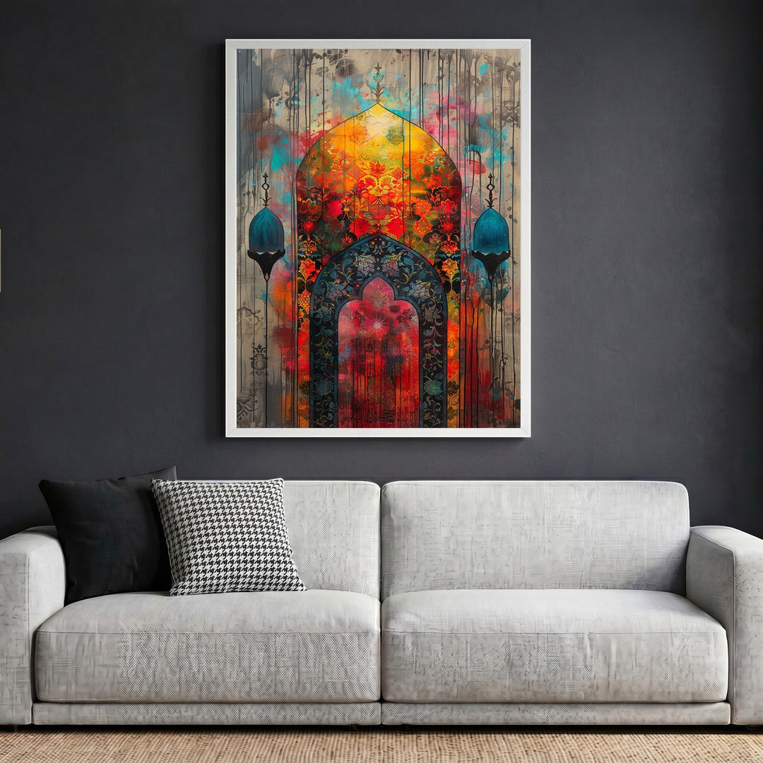 Wadi Home ornate architectural archway wall art print featuring vibrant red, gold, and teal tones in a white frame.