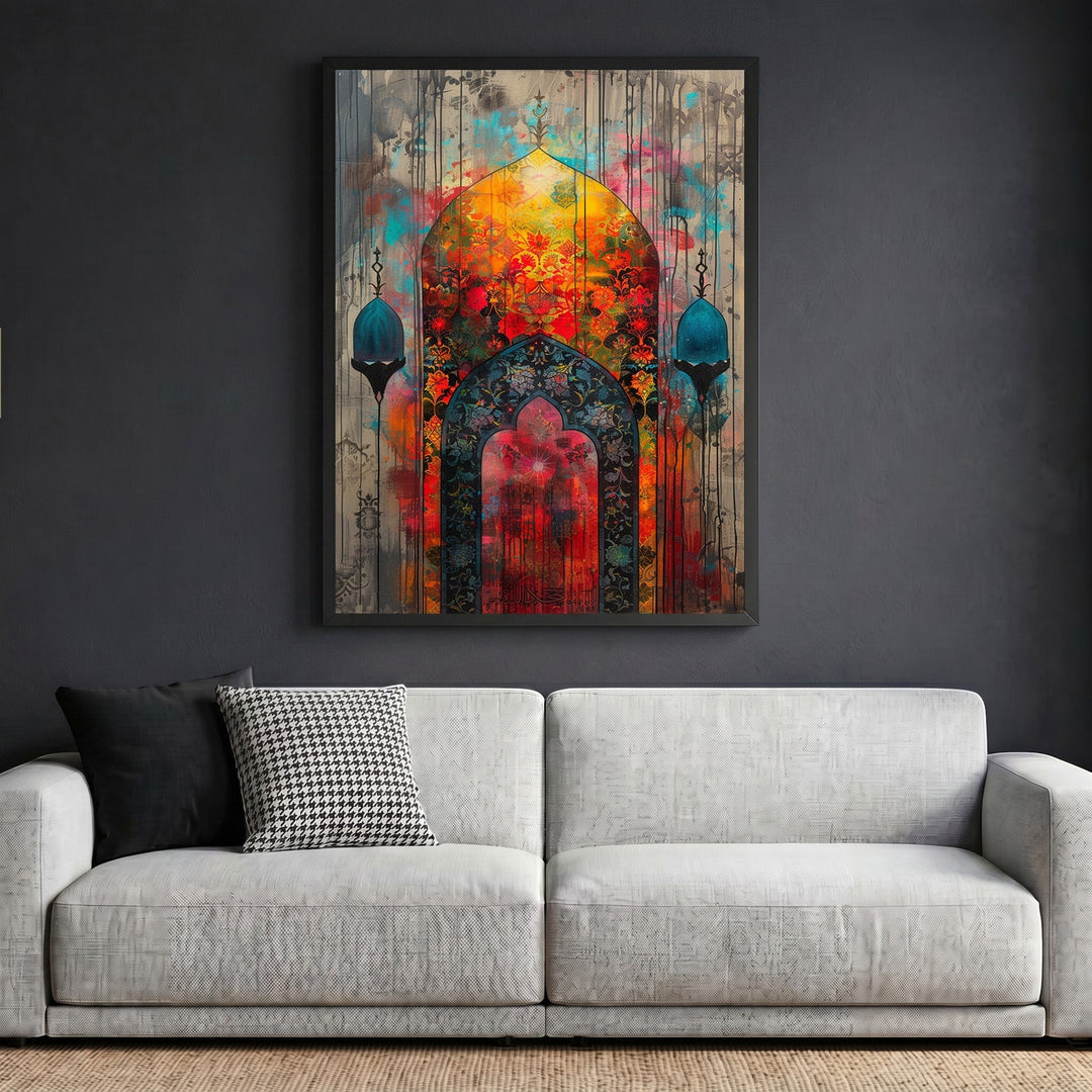Wadi Home ornate architectural archway wall art print with vibrant red, gold, and teal colors above a modern sofa.