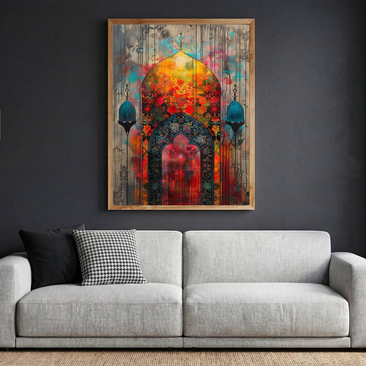 Wadi Home ornate architectural archway wall art print featuring vibrant red, gold, and teal tones in a wooden frame.