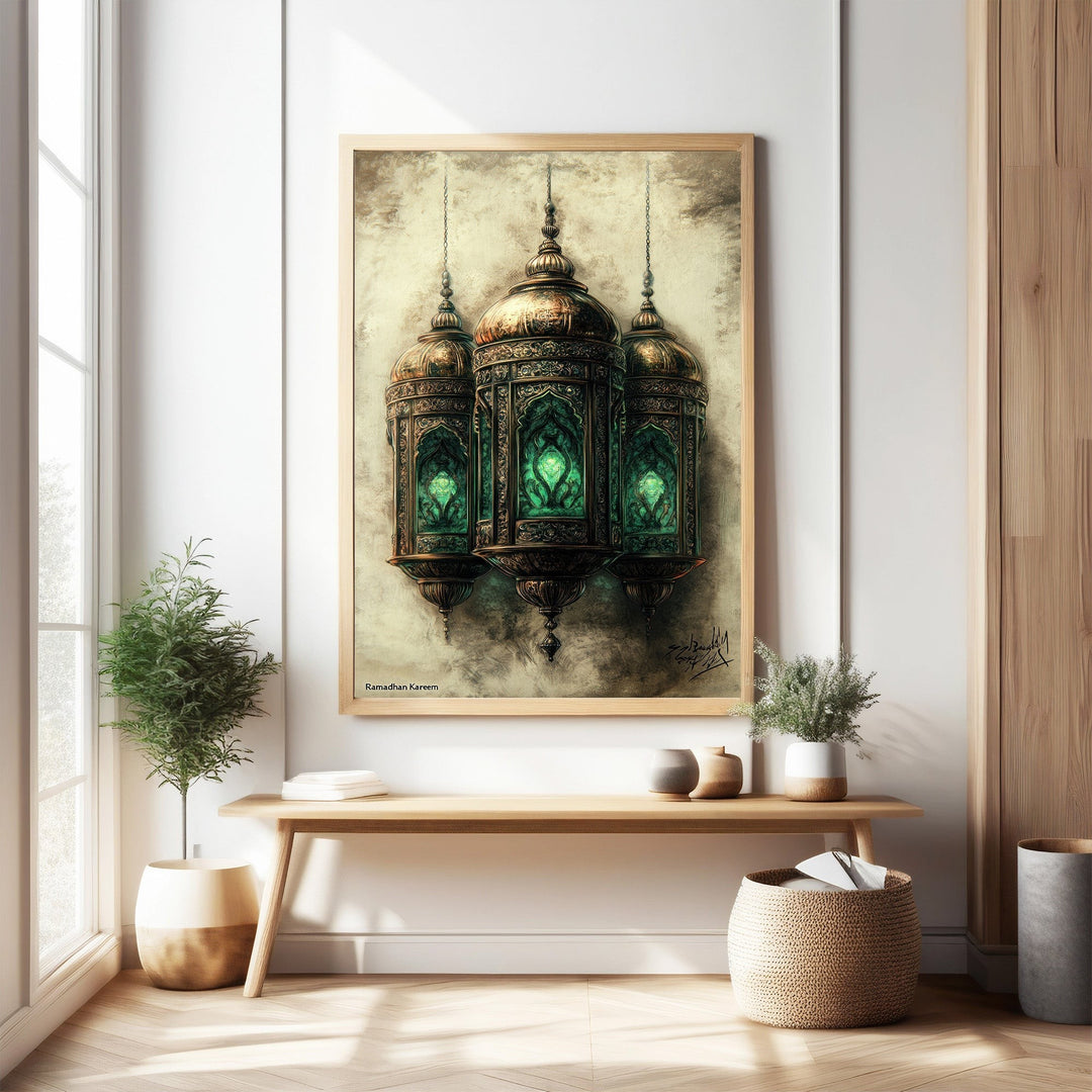 Wadi Home Ornate Hanging Lantern Wall Art featuring three metallic lanterns with intricate details and glowing emerald green accents, in Islamic design style.