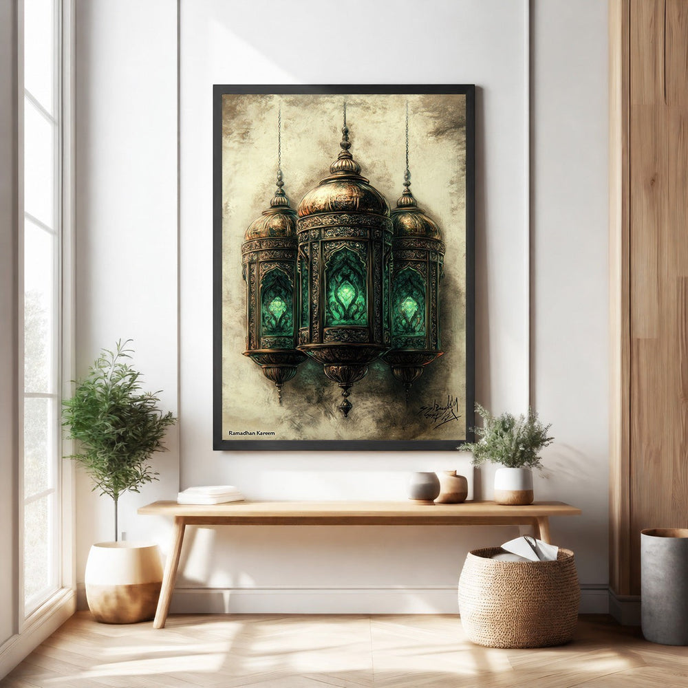 Wadi Home Ornate Hanging Lantern Wall Art featuring three metallic lanterns with emerald green accents in Islamic design.