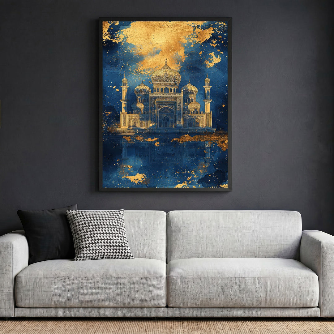 Wadi Home ornate palace wall art print featuring gold architectural details on a moody navy blue background above a sofa.