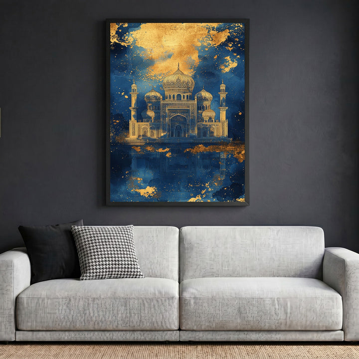 Wadi Home ornate palace wall art print featuring gold architectural details on a moody navy blue background above a sofa.