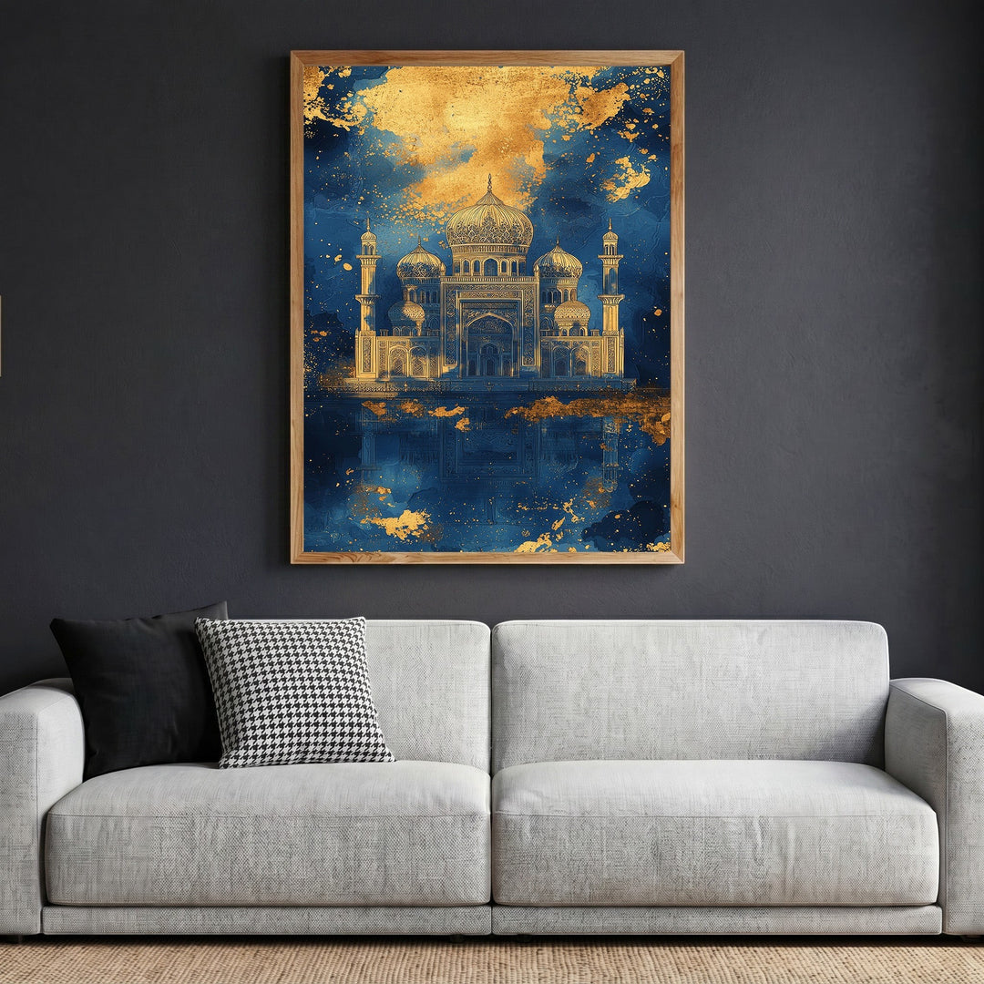 Wadi Home ornate palace wall art with gold architectural details on a navy blue background, framed above a sofa.
