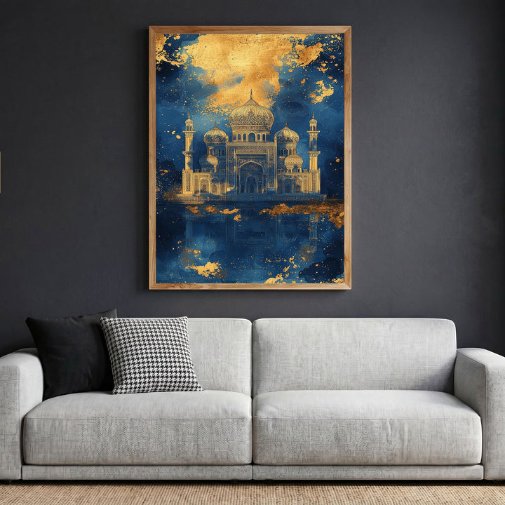 Wadi Home ornate palace wall art with gold architectural details on a navy blue background, framed above a sofa.