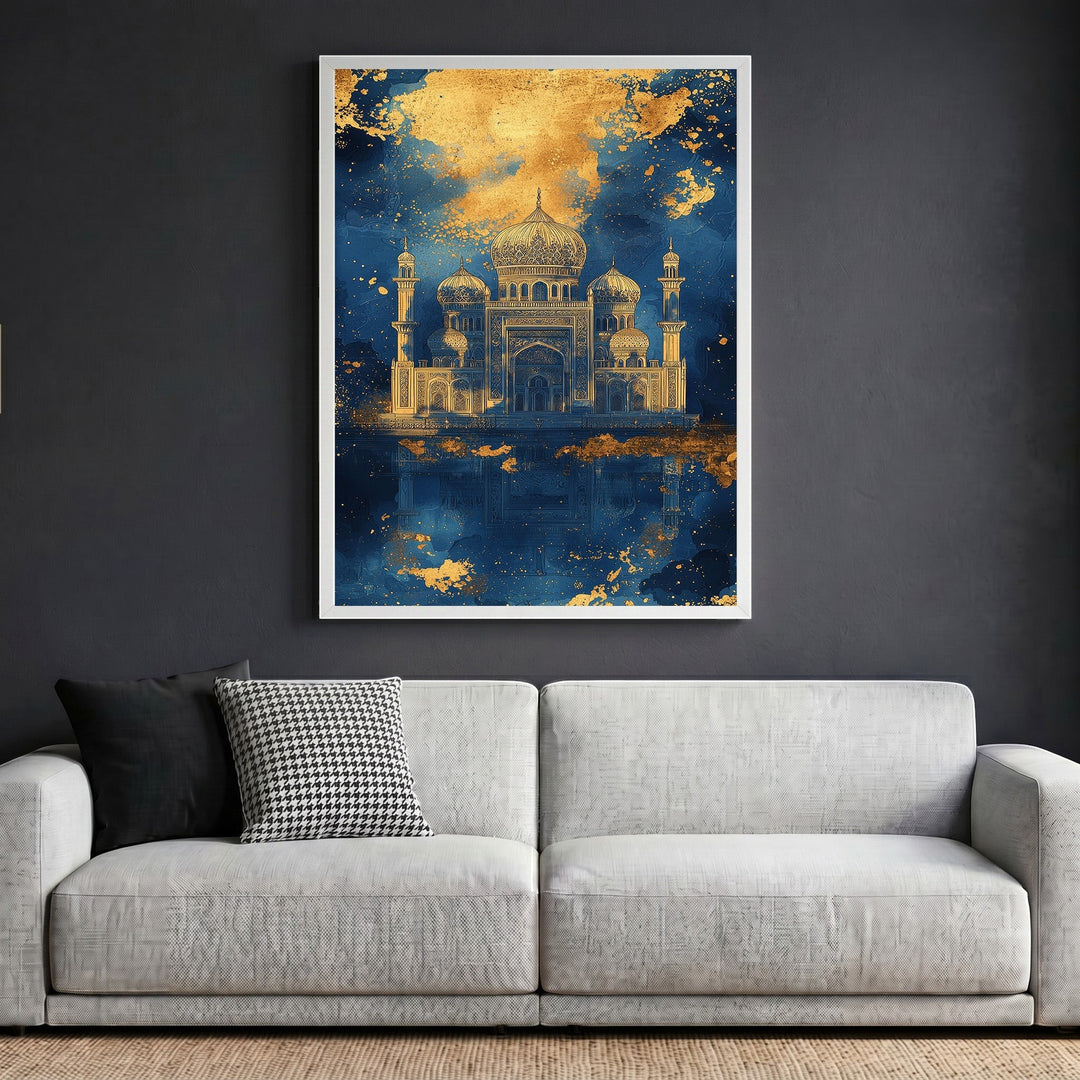 Wadi Home ornate palace wall art print featuring gold architectural details on a moody navy blue abstract background.