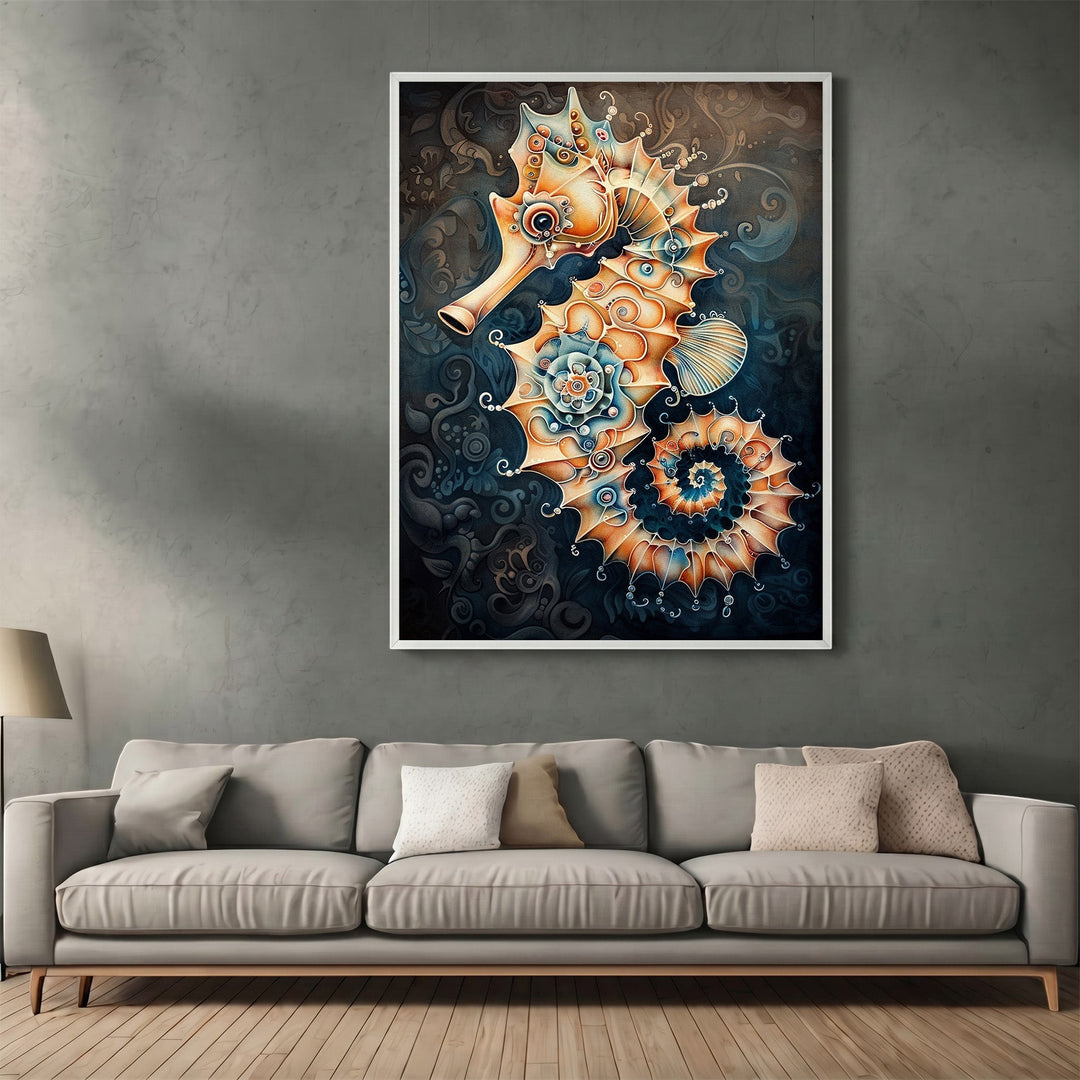 Wadi Home ornate seahorse framed wall art print with amber, gold, and blue intricate patterns above a modern sofa.