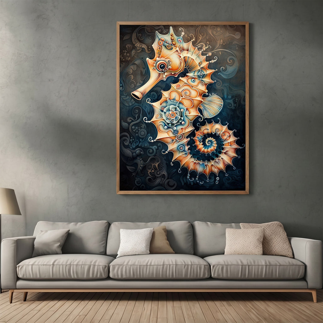 Wadi Home ornate seahorse framed wall art print with amber and blue intricate patterns hanging above a grey sofa.