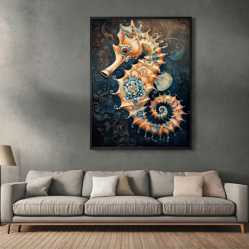 Wadi Home ornate seahorse framed wall art print with amber, gold, and blue intricate patterns above a modern sofa.