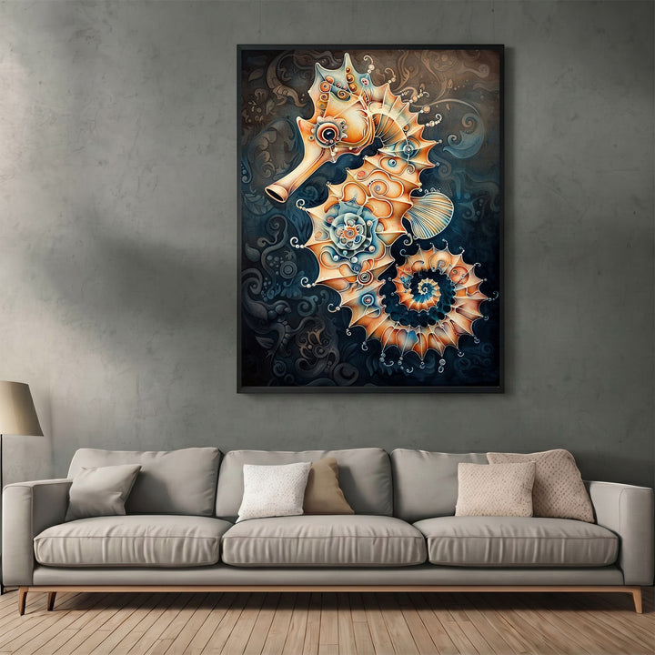 Wadi Home ornate seahorse framed wall art print with amber, gold, and blue intricate patterns above a modern sofa.