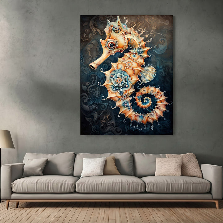 Wadi Home ornate seahorse framed wall art print with amber and blue intricate patterns hanging above a modern sofa.