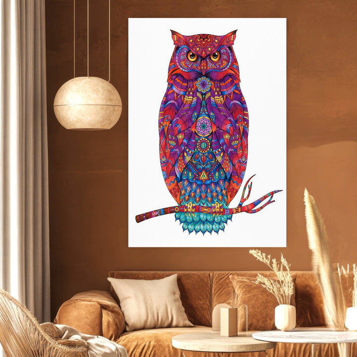 Wadi Home decorative owl wall art print with intricate mandala patterns in vibrant warm and cool colors on a wall.
