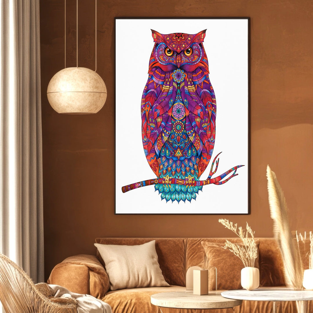 Wadi Home decorative owl wall art print with intricate mandala patterns in vibrant warm and cool tones on a brown wall