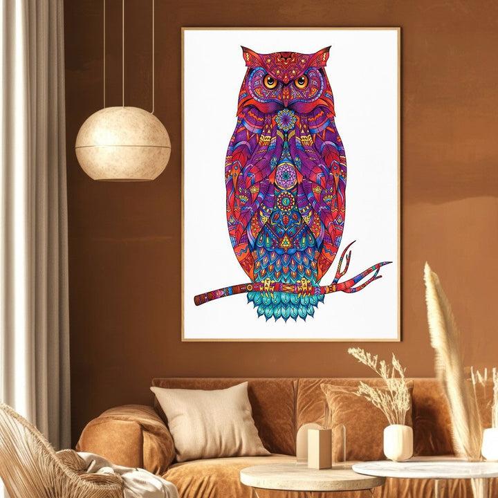 Wadi Home decorative owl wall art print with vibrant mandala patterns on a brown living room wall