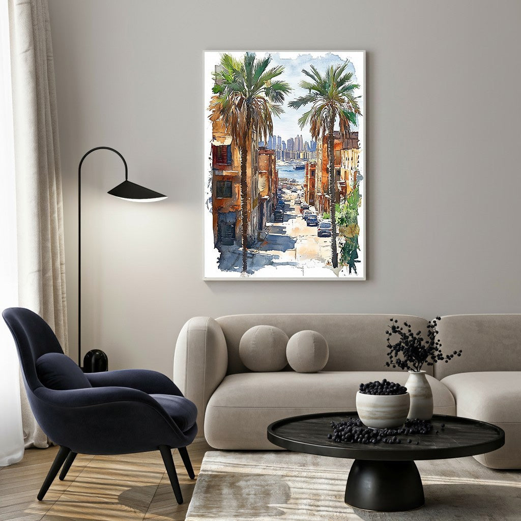 Wadi Home watercolor painting of a palm tree-lined city street with cars and buildings, evoking a coastal vibe.