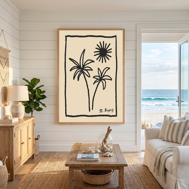 Wadi Home St Tropez palm tree framed wall art with black ink illustration on cream background in coastal living room