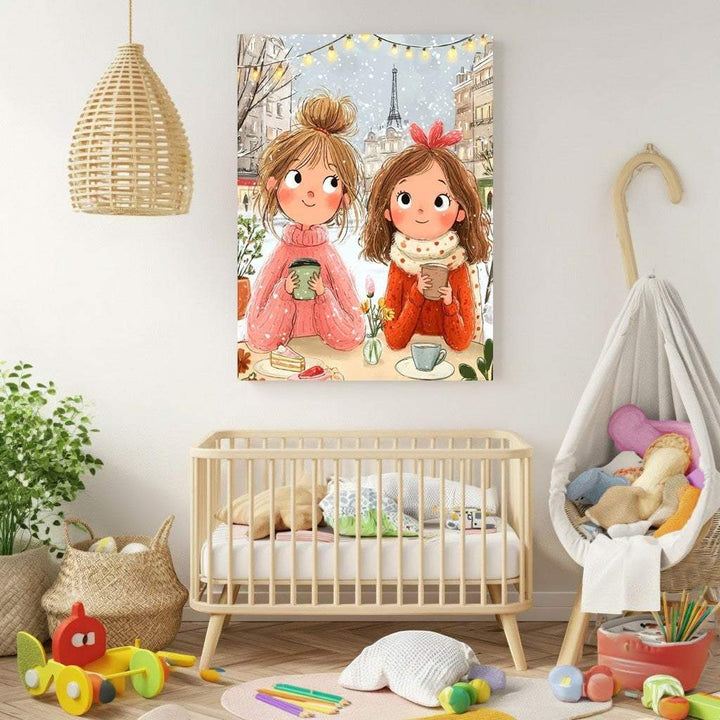 Wadi Home artwork of two girls in pink and orange sweaters enjoying hot drinks in Paris with Eiffel Tower in background.