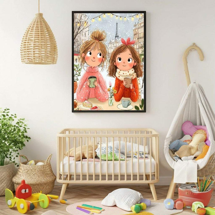 Wadi Home framed artwork of two girls in Paris enjoying hot drinks, with Eiffel Tower visible.