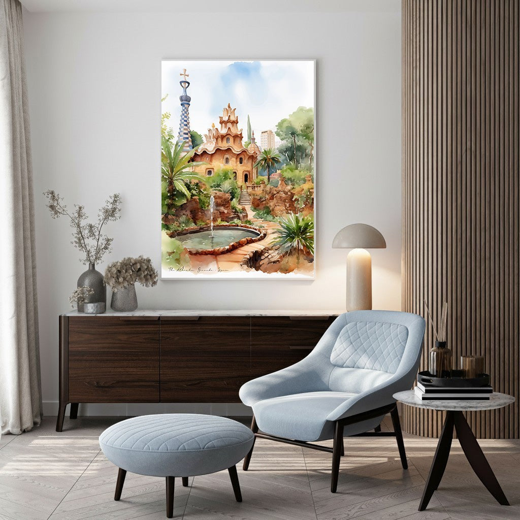 Wadi Home framed print of Park GÃ¼ell, Barcelona, Spain, featuring a whimsical building, fountain, and lush greenery in watercolor style.