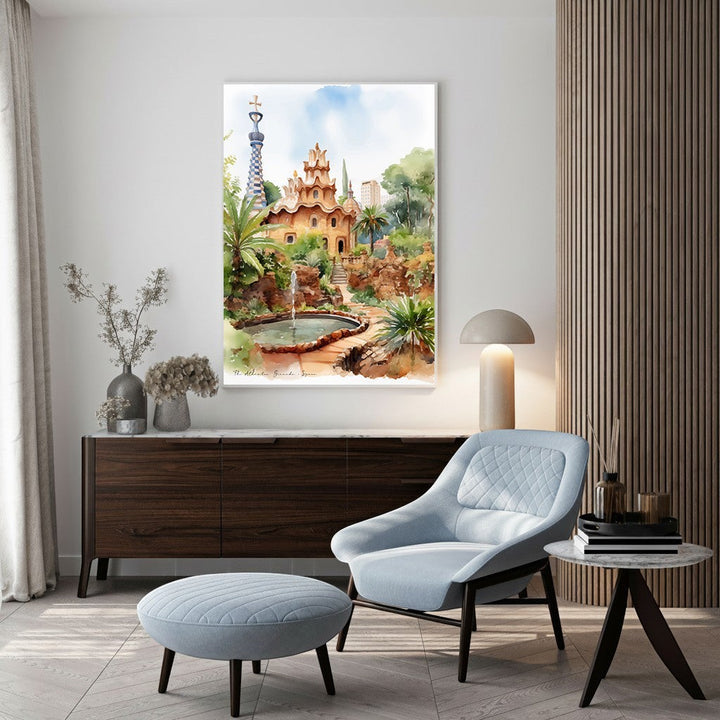 Wadi Home framed print of Park GÃ¼ell, Barcelona, Spain, featuring a whimsical building, fountain, and lush greenery in watercolor style.