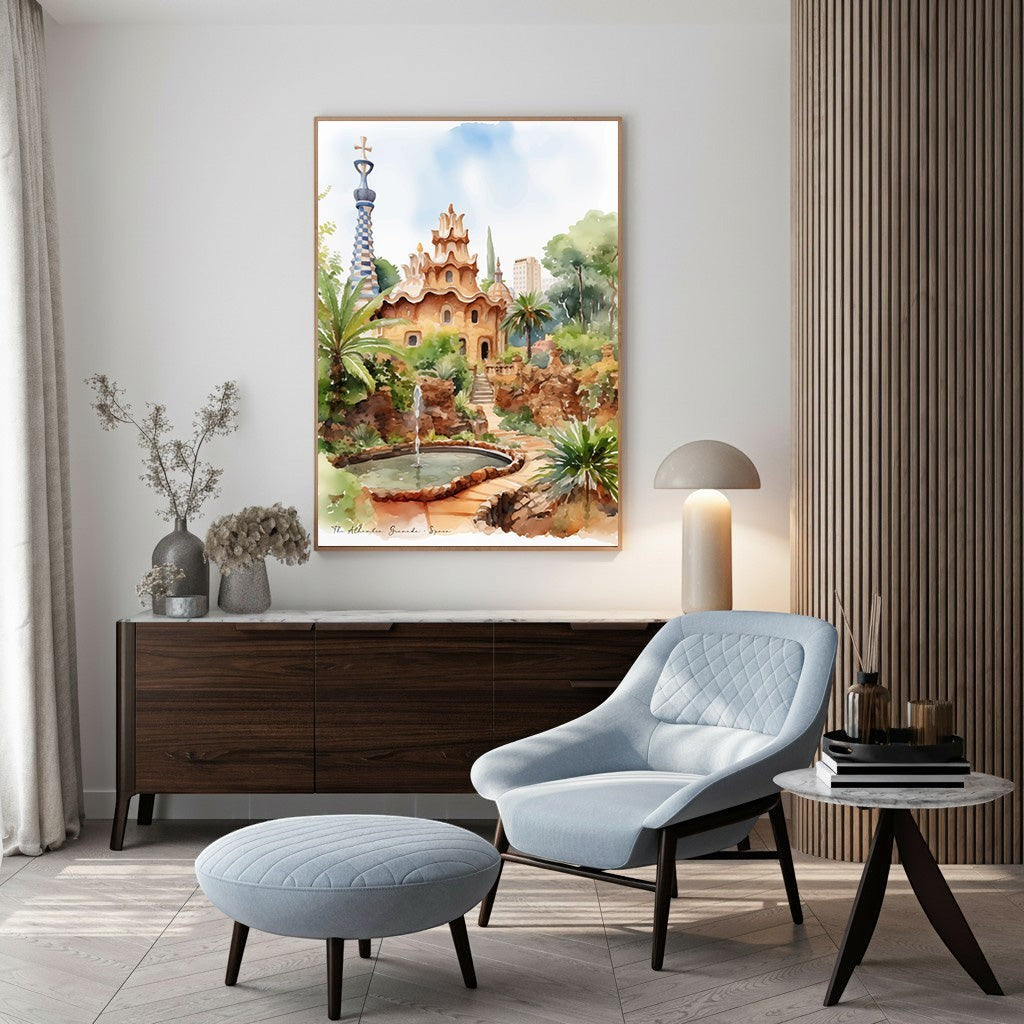 Wadi Home framed print of Park GÃ¼ell, Barcelona, Spain, featuring a fountain and unique architecture in a watercolor style.
