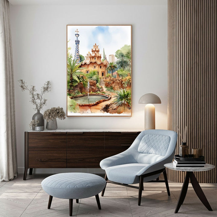 Wadi Home framed print of Park GÃ¼ell, Barcelona, Spain, featuring a fountain and unique architecture in a watercolor style.