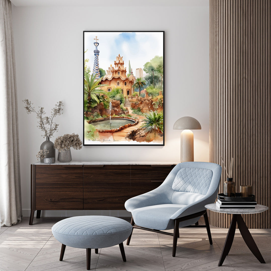 Wadi Home framed watercolor print of Park GÃ¼ell, Barcelona, Spain, featuring a fountain and unique architecture.