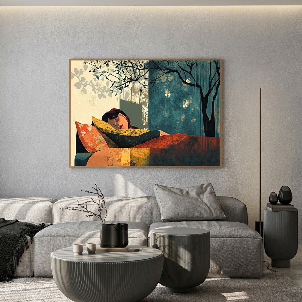 Wadi Home wall art depicting a person sleeping peacefully amongst stylized trees in warm oranges, yellows, blues, and greens.