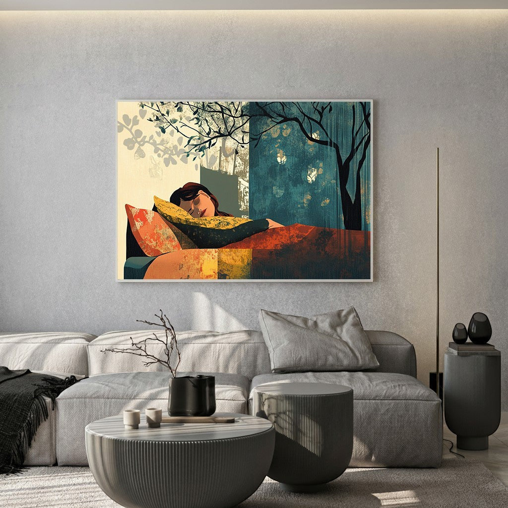 Wadi Home wall art of a person sleeping peacefully amongst stylized trees in warm oranges, yellows, blues, and greens.