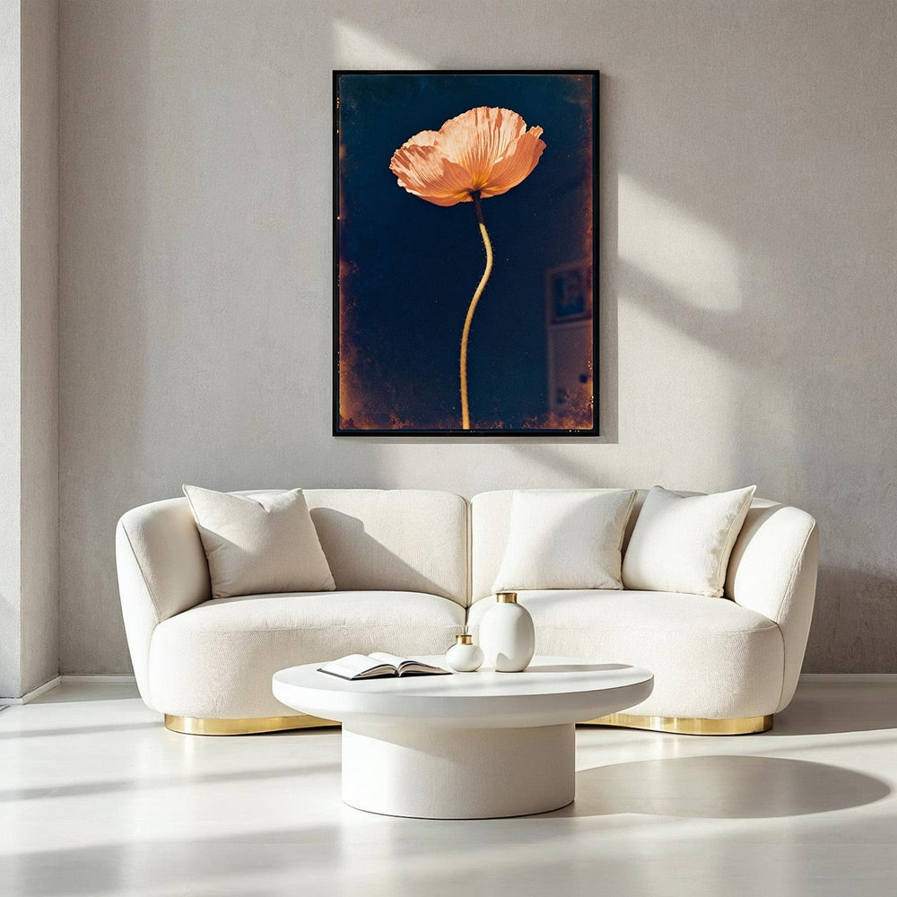 Wadi Home peach poppy flower art print on navy background, framed botanical decor.