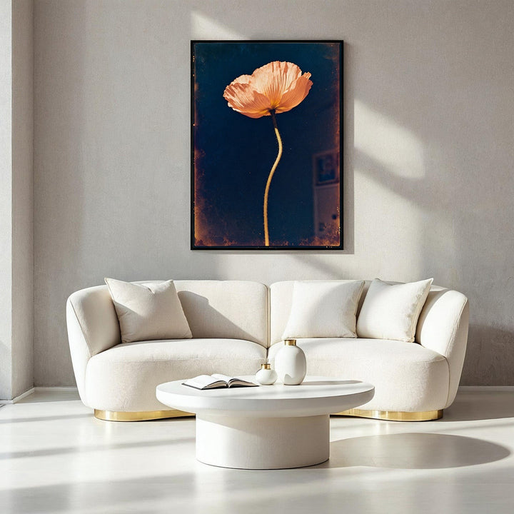 Wadi Home peach poppy flower art print on navy background, framed botanical decor.