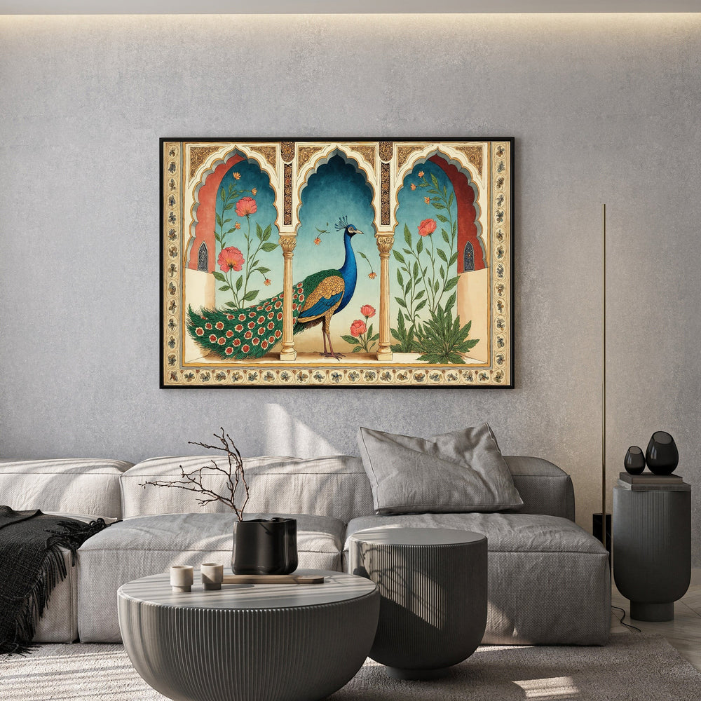 Wadi Home traditional Indian peacock wall art print featuring ornate Mughal archway in a modern living room setting.