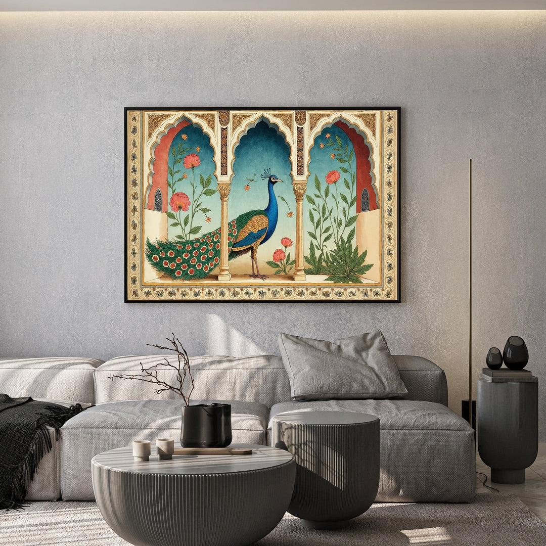 Wadi Home traditional Indian peacock wall art print featuring ornate Mughal archway in a modern living room setting.