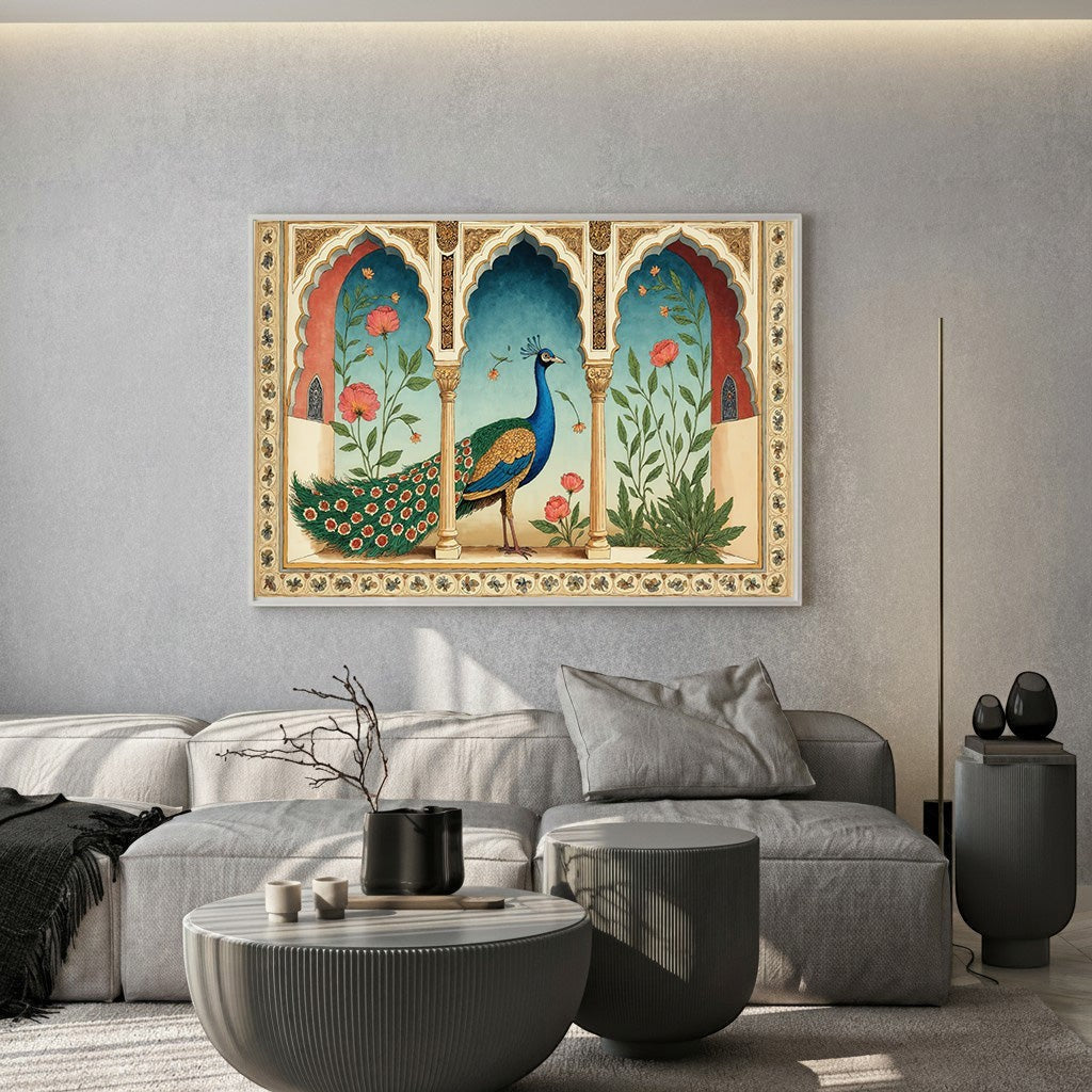 Wadi Home traditional Indian peacock wall art print featuring a majestic bird in an ornate Mughal-style archway.
