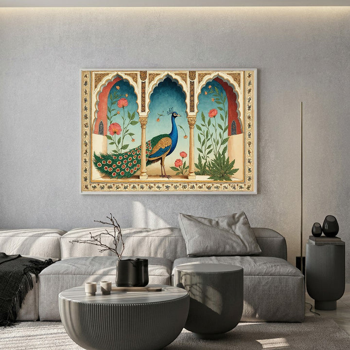 Wadi Home traditional Indian peacock wall art print featuring a majestic bird in an ornate Mughal-style archway.